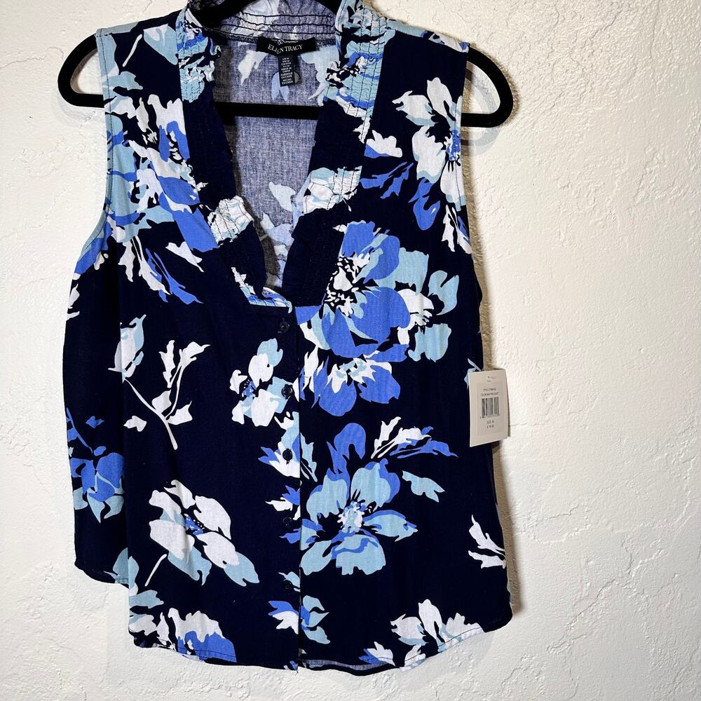 NWT $79 Ellen Tracy Blouse Medium Linen Blend Sleeveless V-Neck Blue Floral